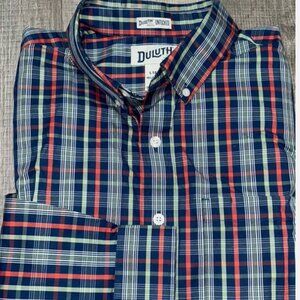 DULUTH TRADING UNTUCKED BUTTON DOWN SHIRT LARGE TALL BLUE PLAID  - EXCELLENT